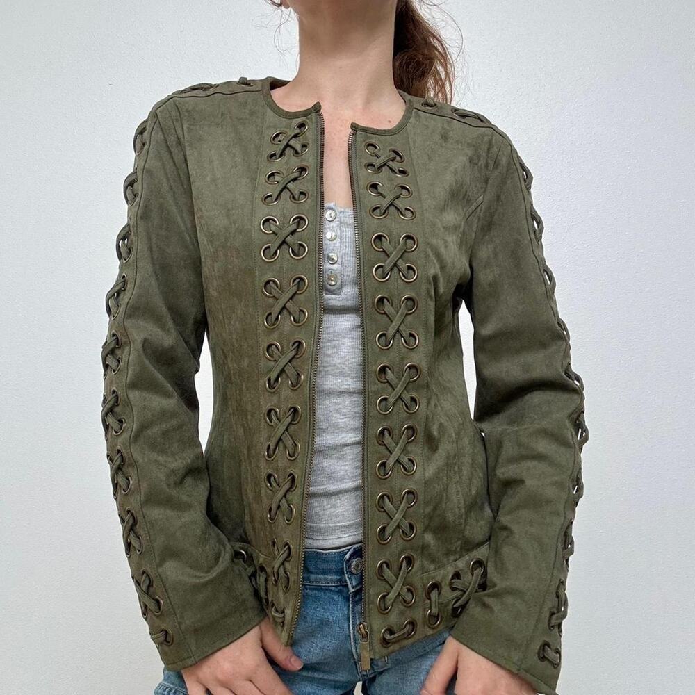Boston proper green faux suede zip up grommet jacket - Picture 3 of 7